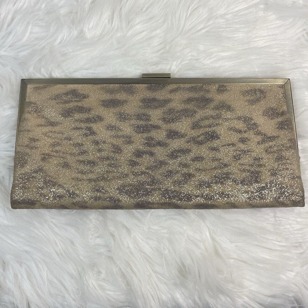 Hobo International Gold Leopard Print Long Framed Clutch 11x6 Card Holder Tan